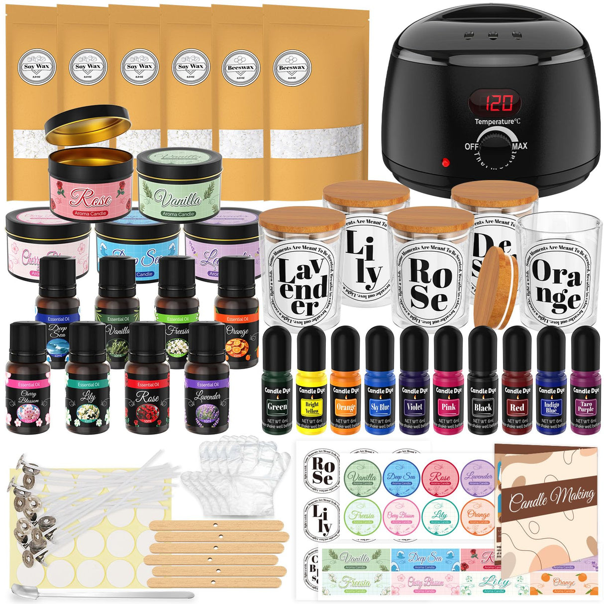 Candle Making Kit for Adults - 43 PCS Complete DIY Candle Making Supplies, Include Wax Melter, 1500G Soy Wax Beeswax, 8 Scents, 10 Dyes, 10 Jars, 20 Wicks & More - Great for Beginner, Home Decoration Candle Aider