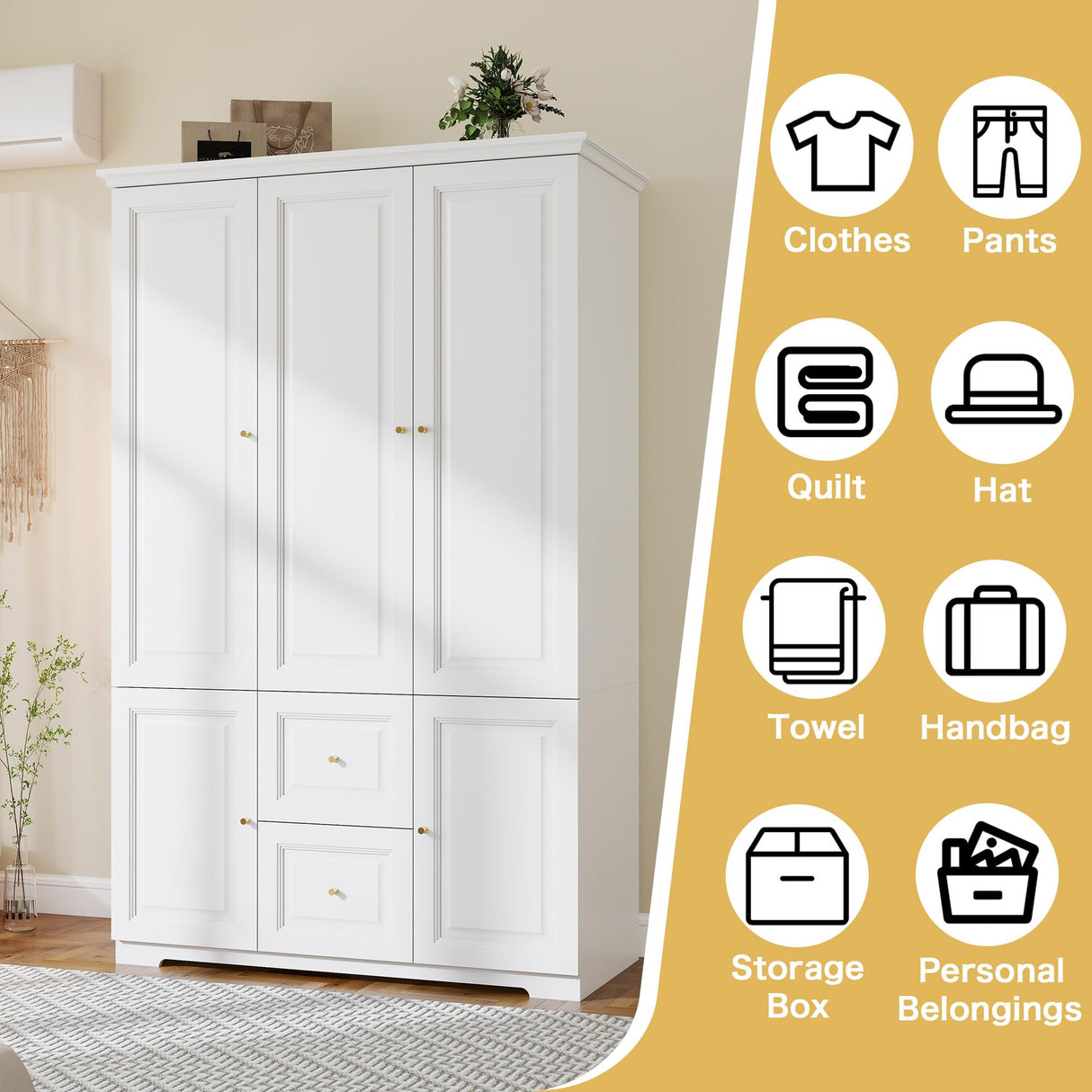 LABROSKIA Armoire Wardrobe Closet with 3 Drawers: 74" White Wardrobe Closet with 3 Doors, Large Wardrobes Closets for Hanging Clothes, Bedroom Armoires and Wardrobes LABROSKIA