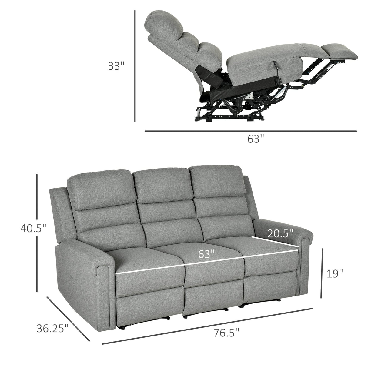 HOMCOM 3 Seater Recliner Sofa with Manual Pull Tab, Fabric Reclining Sofa, RV Couch, Home Seating, Gray HOMCOM