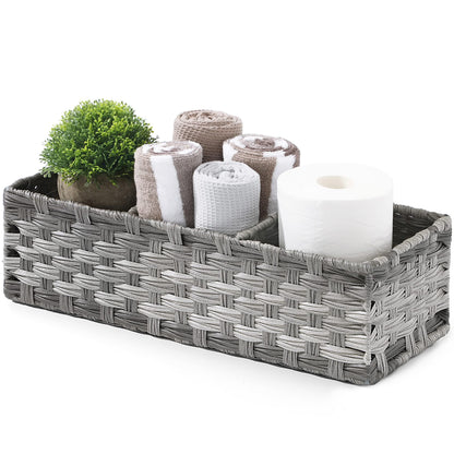 [Larger Compartments] Toilet Tank Topper Paper Basket - Multiuse Hand Woven Plastic Wicker Basket with Divider for Organizing, Rustic Farmhouse Bathroom Decor, Countertop Organizer Storage, Grey