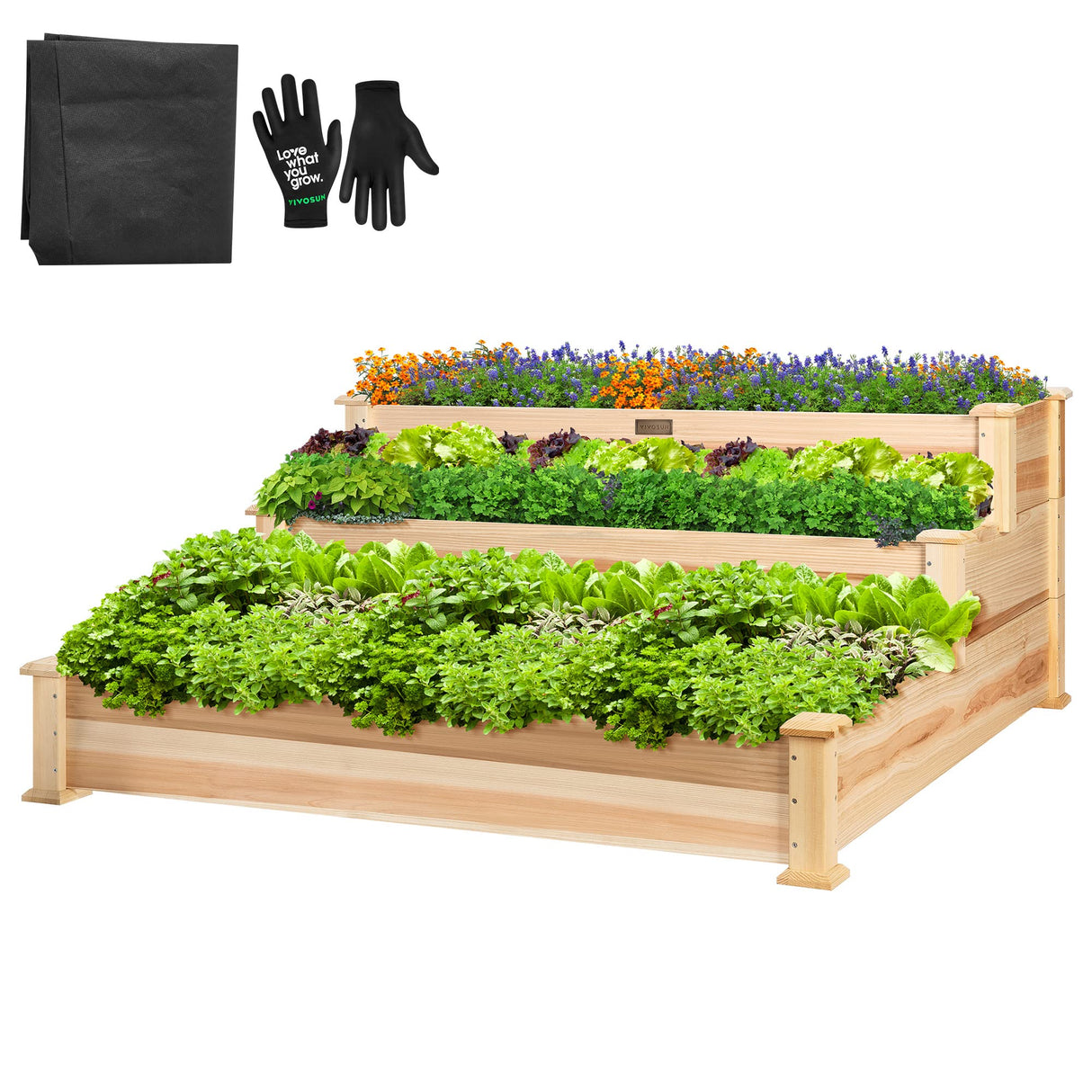 VIVOSUN 3-Tier Wooden Raised Garden Bed, 48 x 48 x 21 Inches, Outdoor Wood Planter Kit for Plants, Herbs, and Vegetables for Garden, Patio, Balcony, Backyard and Outdoors VIVOSUN