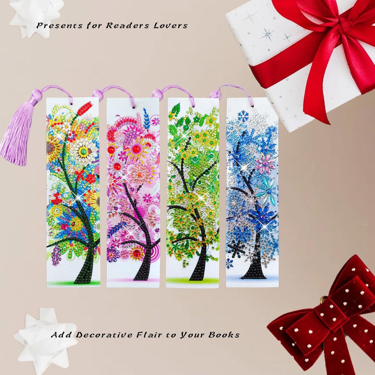 4 Pcs LINGFANG Diamond Painting Bookmark, Leather DIY Book Makers for Adults Book Lovers, Diamond Art Beginners, Small Diamond Art Kits, Paint by Art Crafts Supplies Gift for Girls (Season Tree) LINGFANG