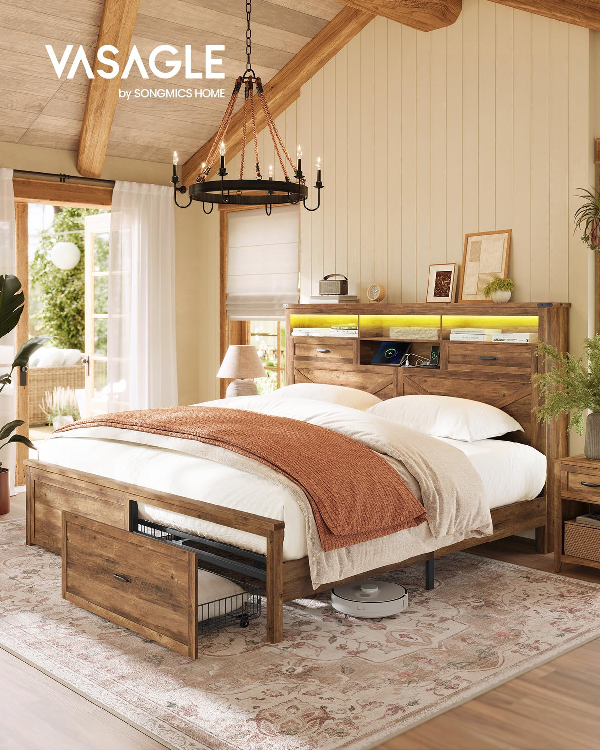 VASAGLE King Bed Frame with Storage Headboard, 51.3-Inch Tall Farmhouse Bed Frame King Size with 4 Drawers, LED Lights, Charging Station, Noise-Free, No Box Spring Needed, Honey Brown URMB424K01S VASAGLE