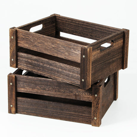 ROSOS Wooden Crates, Farmhouse Wood Crates for Storage with Handles, Solid Wooden Crates for Display, Durable Wooden Crate Box, Handmade Wooden Box, Wooden Crates for Decor, 2 Pack, Brown ROSOS