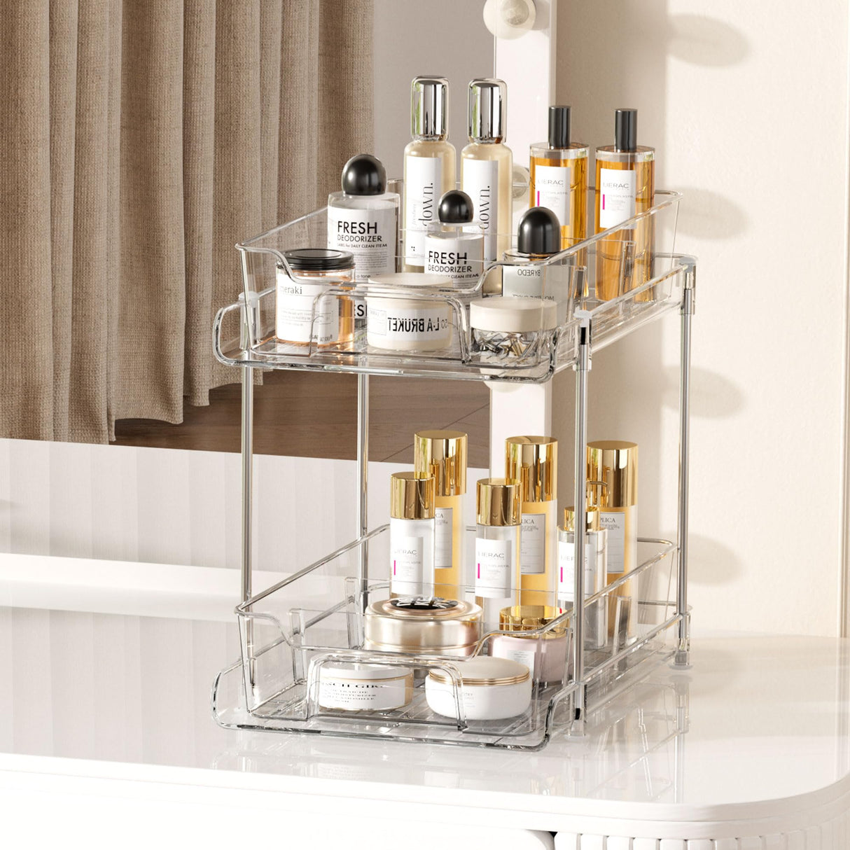 Vtopmart 4 Pack 2 Tier Bathroom Under Sink Organizers and Storage, Clear Kitchen Pantry Organization, Pull Out Medicine Cabinet Organizer with Movable Dividers Vtopmart