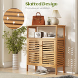 Tangkula Bamboo Floor Cabinet, Bathroom Storage Cabinet with Double Slatted Doors, Open Shelf, Removable Shelf, Storage Organizer for Bathroom Doorway Living Room Kitchen Tangkula