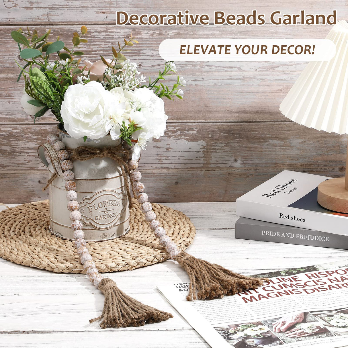 IMIKEYA Wooden Beads Garland: Farmhouse Wood Bead Garland for Tiered Tray Farmhouse Beads Hanging Wood Bead Garland with Tassels Prayer Rustic Beads for Coffee Table Decor IMIKEYA