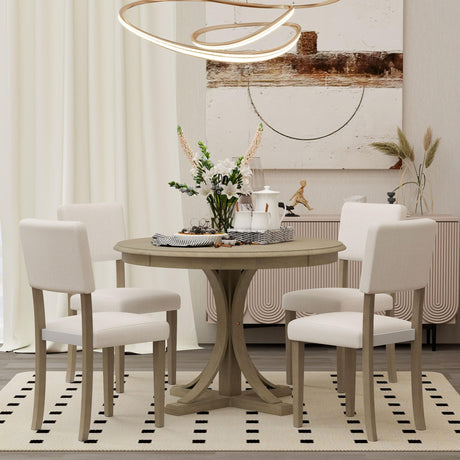 Merax 5-Piece Retro Round Dining Table Set with Curved Trestle Style Legs and 4 Upholstered Chairs, Kitchen Furniture, Taupe Merax