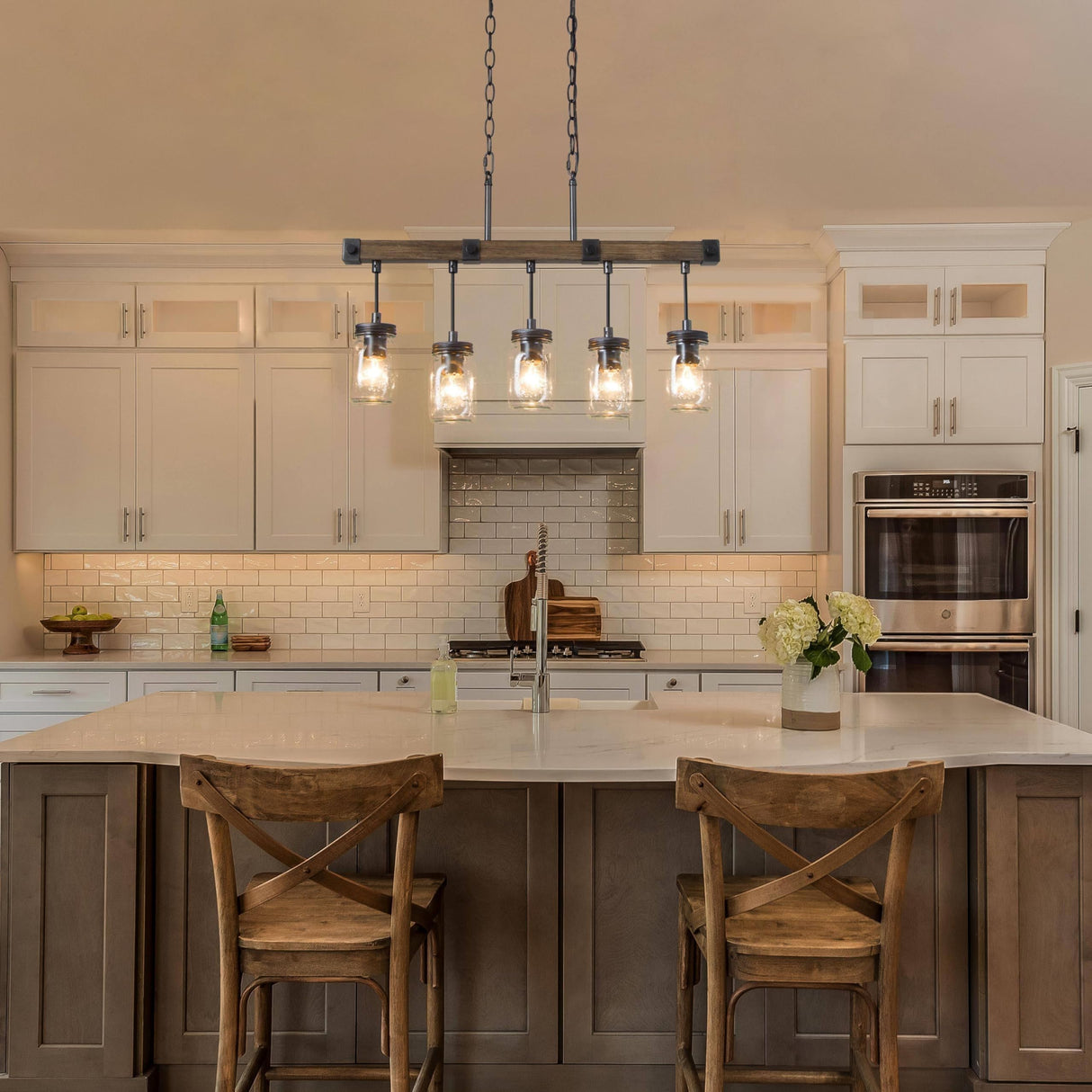 LOG BARN Farmhouse Chandeliers for Dining Room, 5 Light Mason Jar Kitchen Island Lighting, Rustic Faux Wood Island Lights for Kitchen LOG BARN