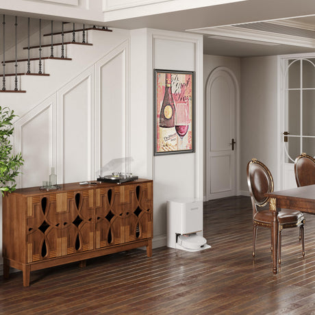 LKTART 60" Mid Century Modern Sideboard Buffet with Hollow Carved Doors and Outlet Holes,Vintage Accent Cabinet Credenzas Storage Cabinet Walnut LKTART