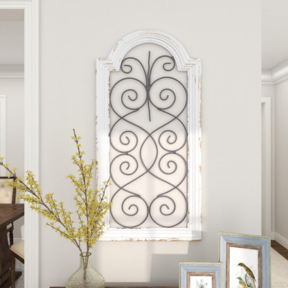 Deco 79 Wood Scroll Home Wall Decor Arched Window Inspired Wall Sculpture with Metal Scrollwork Relief, Wall Art 10" x 1" x 20", White