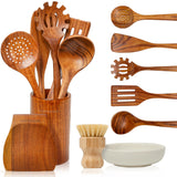 Wooden Kitchen Utensil Set - Teak Wood Cooking Utensil Sets Include Wooden Utensil Holder, Wooden Spatula, Spaghetti Spoon, Cleaning Brush & More - Durable Heat Resistant Wood Utensils Set for Cooking Northbend