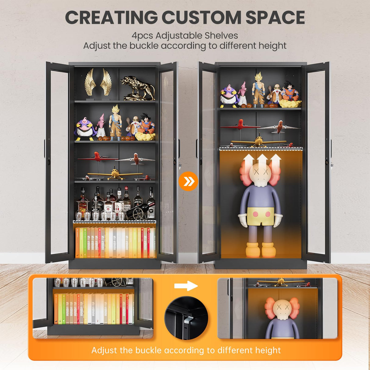 AFAIF Locking Display Cabinet with Glass Door, 71”H Metal Curio Cabinets with Adjustable Shelves, Black Liquor Caninet Display Case for Living Room, Collectibles, Clinic, Home - Assembly Required AFAIF