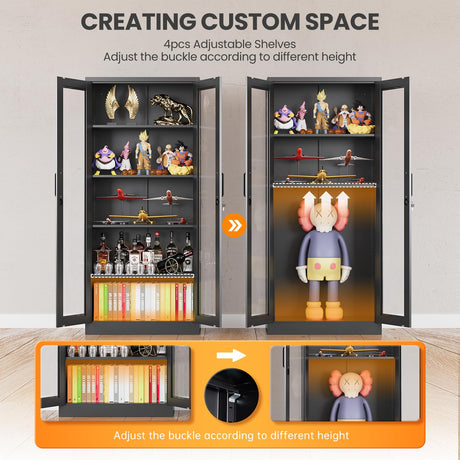 AFAIF Locking Display Cabinet with Glass Door, 71”H Metal Curio Cabinets with Adjustable Shelves, Black Liquor Caninet Display Case for Living Room, Collectibles, Clinic, Home - Assembly Required AFAIF
