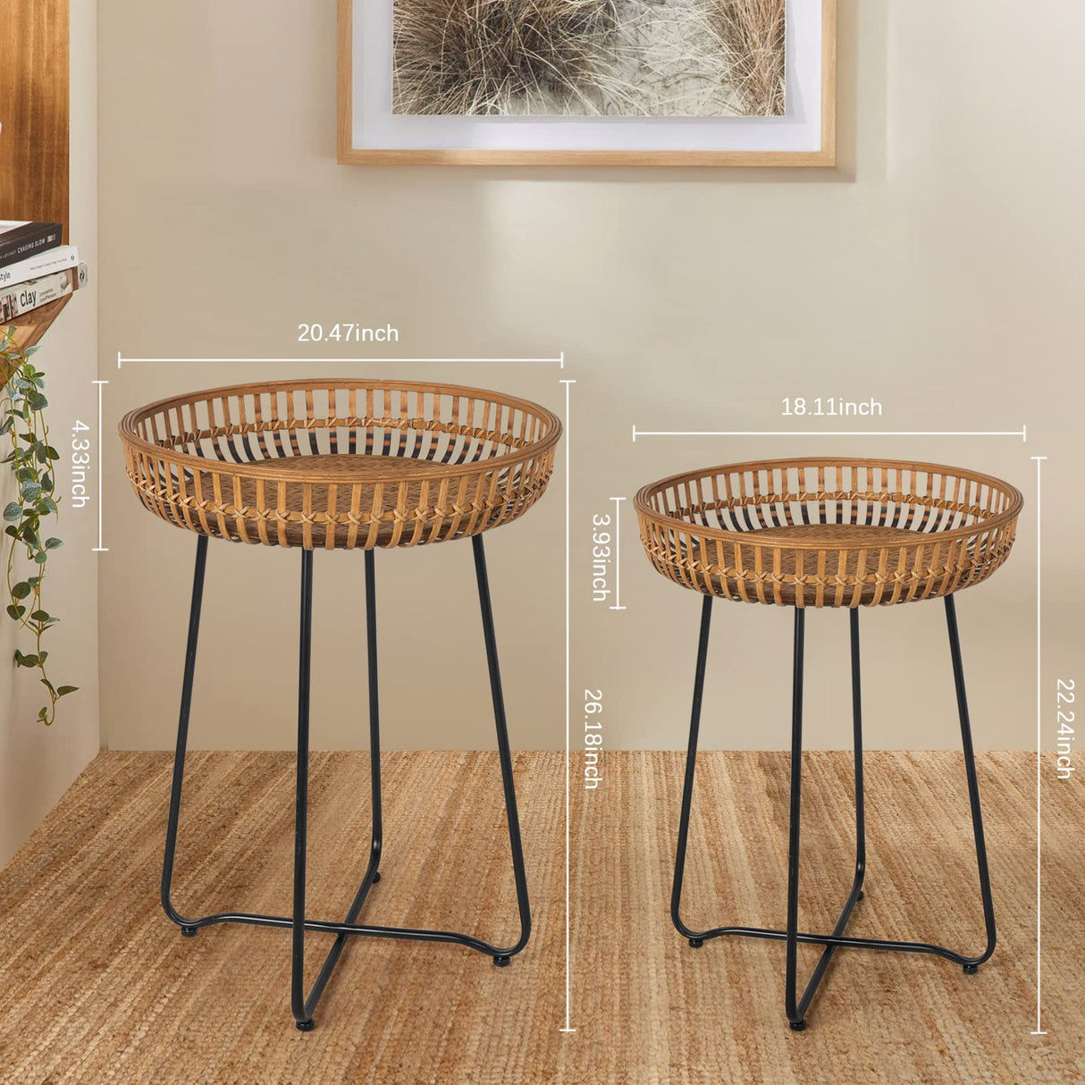 Oakrain Rattan Side Table Nesting Tables Set of 2, Bamboo Round Table Coffee Table Metal Base End Table for Boho Living Room, Sofa, Bedroom, Terrace, Accent Table(20.47inch) Oakrain