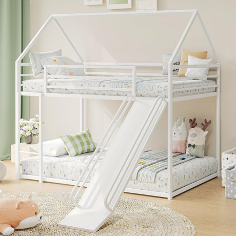 Tufons Metal Bunk Bed with Convertible Slide & House Roof Design - Twin-Over-Twin Low Frame | Full Guardrail, Montessori Style (White) Tufons