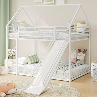Tufons Metal Bunk Bed with Convertible Slide & House Roof Design - Twin-Over-Twin Low Frame | Full Guardrail, Montessori Style (White)