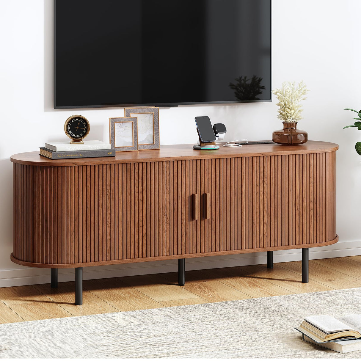 TV Stand with Power Outlet, Mid-Century Modern Television Stand, Media Console with Sliding Doors, Entertainment Center for TVs up to 60 Inch, Adjustable Shelves, Walnut ComfyCorner