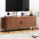 TV Stand with Power Outlet, Mid-Century Modern Television Stand, Media Console with Sliding Doors, Entertainment Center for TVs up to 60 Inch, Adjustable Shelves, Walnut ComfyCorner