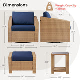 CHITA 5 Pieces Wicker Patio Furniture Set, Outdoor Conversation Set with 2 Pieces Rattan Swivel Chairs, 2 Pieces Ottomans, Thickened Cushions and Side Table, Blue Cushions with Brown Wicker CHITA
