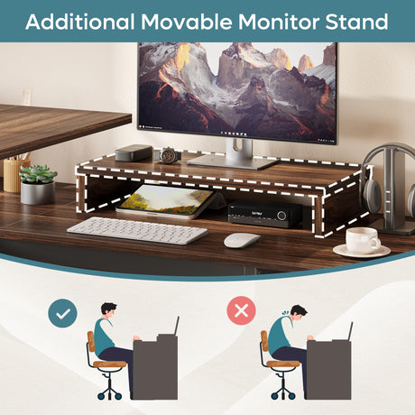 Bestier Lift Top L Shaped Desk with File Drawer, 55'' x 55'' Office Desk with Reversible Storage Drawers, L Shaped Standing Desk with Computer Monitor Stand (Walnut, 55'' x 55'') Bestier