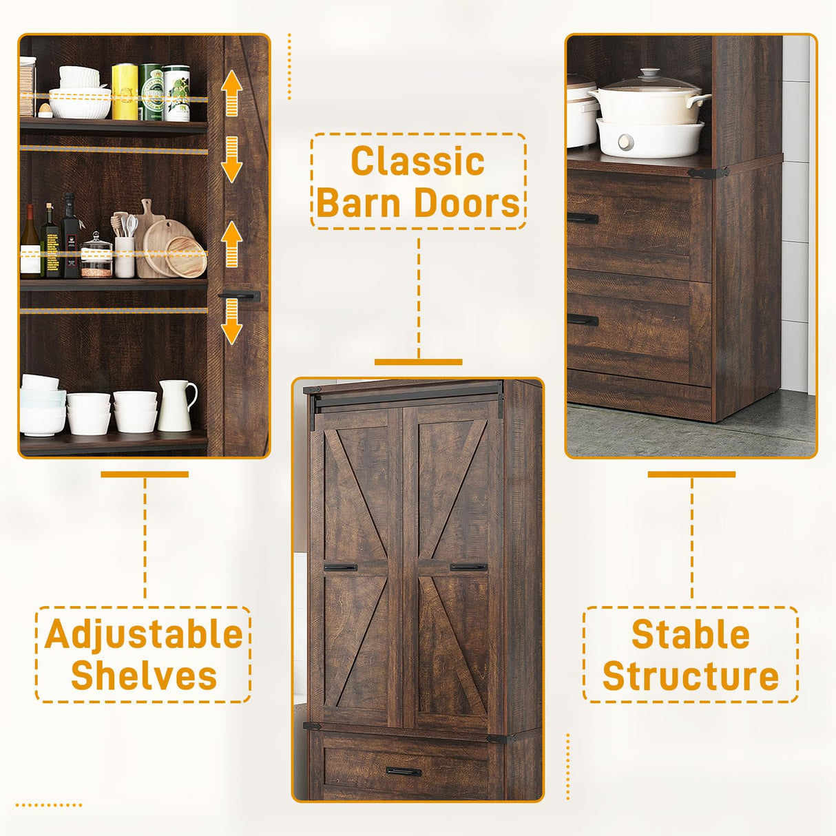Hlivelood 72" Tall Storage Cabinet with Barn Doors & 2 Drawer, Pantry Cabinet with Adjustable Shelves, Rustic Wood Cupboard for Kitchen, Dining Room, Living Room, Brown Hlivelood