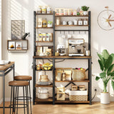 Baker Rack with Power Outlet - Microwave Stand with Storage, Large Coffee Bar Station with 14 Hooks, Metal Kitchen Shelf Rack for Spices, Pots, Rustic Brown and Black SNTD