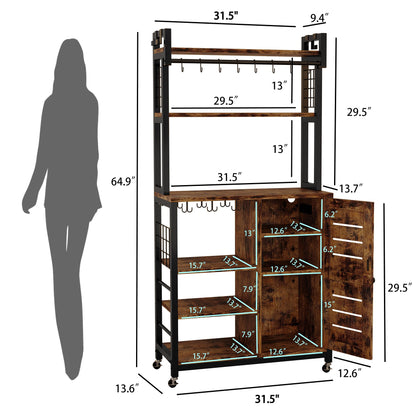 IRONCK Vintage Brown Bakers Rack with Power Outlets, Wheels, and Storage Cabinet - WoodArtSupply