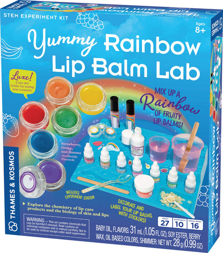 Thames & Kosmos Yummy Rainbow Lip Balm Lab STEM Kit | Make Lip Balms & Glosses in a Rainbow of Colors | Includes Strawberry, Grape, Banana Flavors & Cosmetic Jars | Chemistry & Biology of Skin Care Thames & Kosmos