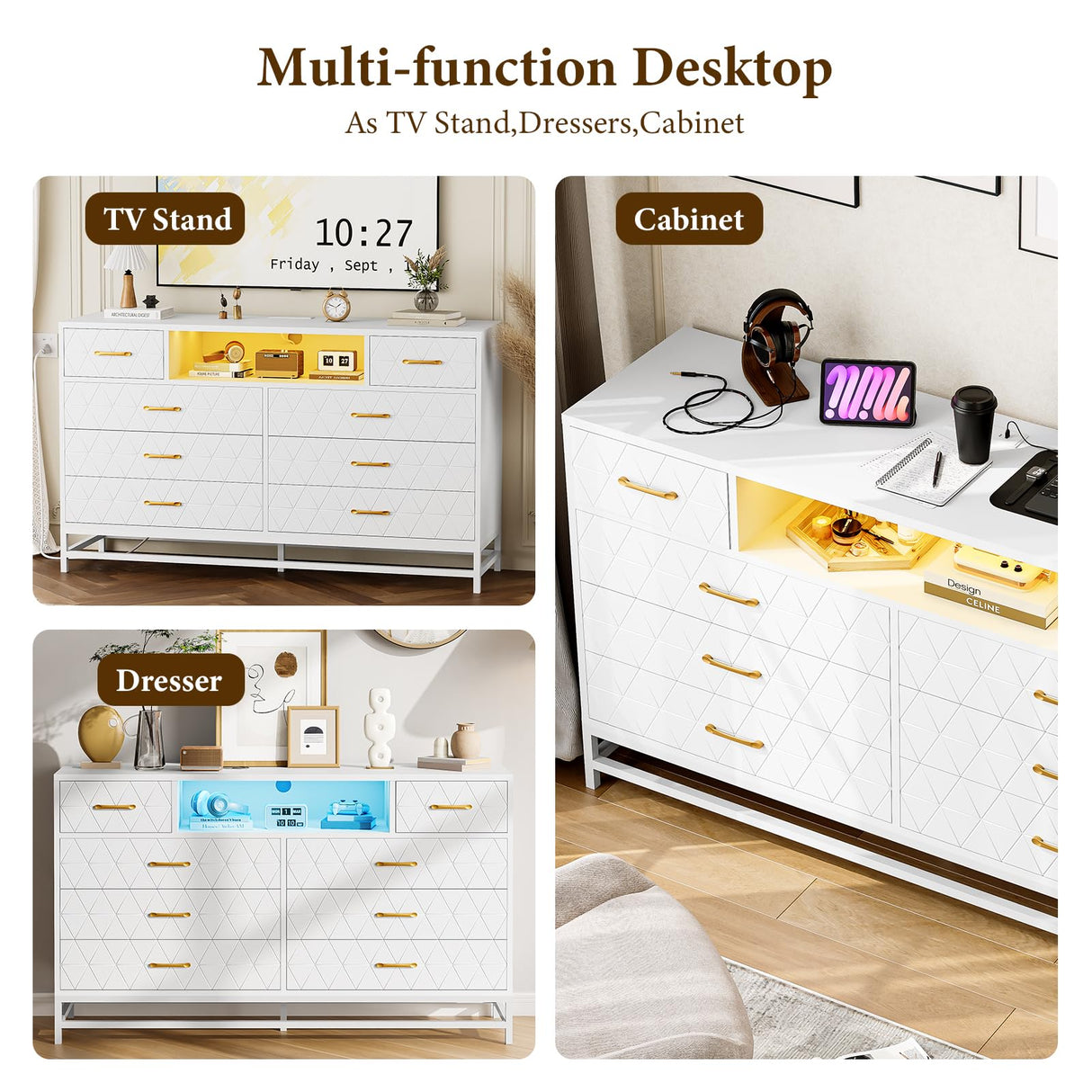 Patikuin White Dresser for Bedroom, 8 Drawer Dresser with Power Outlet, 55" Tv Stand Large Dresser Wooden with Led Light, Modern Dressers with Deep Drawers, Big Wide Chest of Drawers Storage Dresser Patikuin