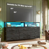 Romorgniz 55" W Dresser for Bedroom with 9 Drawers, LED TV Stand with Power Outlets for 45, 55, 65 Inch TV, Sturdy Long Chest of Drawers with Extra 2 Wooden Shelves, Grain Black Romorgniz