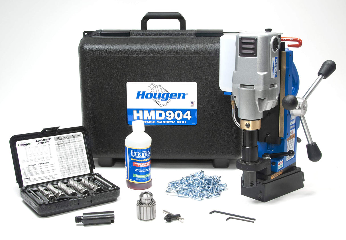 Hougen HMD904S 115-Volt Swivel Base Magnetic Drill Fabricator's Kit with Integrated Coolant Bottle Plus 1/2" Drill Chuck, Adapter, and 12002 Rotabroach Cutter Kit Hougen