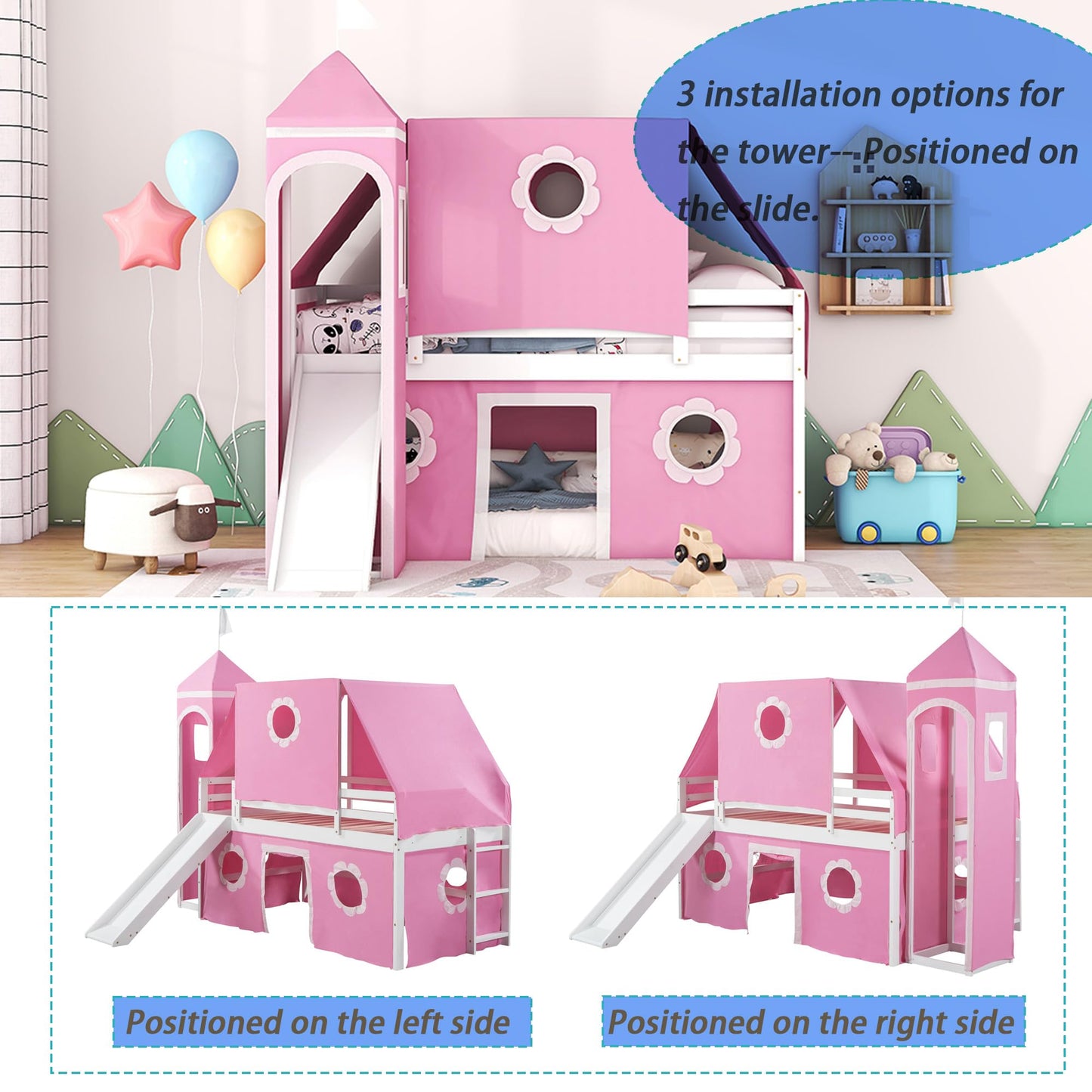 Polibi Twin Size Castle Loft Bed with Slide & Pink Tent and Tower, Playhouse Design Spacious Under Bed Space with Curtains, Wood Tent Bed Frame for Kids Boys Girls