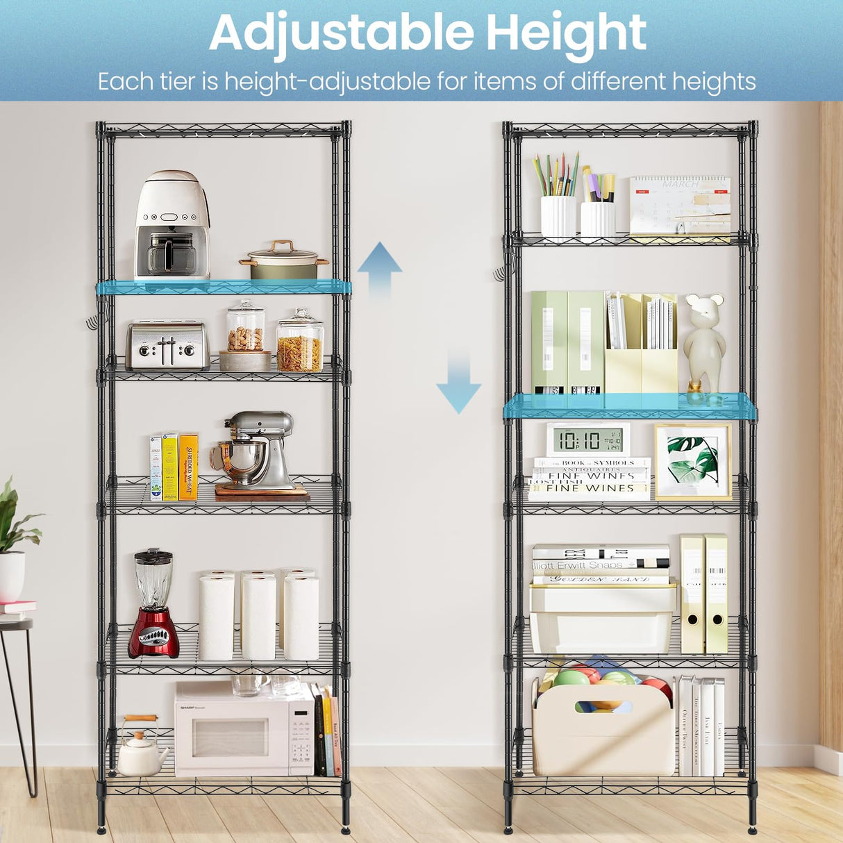 Himimi 6-Tier Wire Shelving Unit, Free Standing Shelf, Metal Storage Shelves, Heavy Duty Organizer Rack for Garage, Kitchen, Living Room, Bathroom, 21.26L x 11.42W x 62.99H, Black Himimi