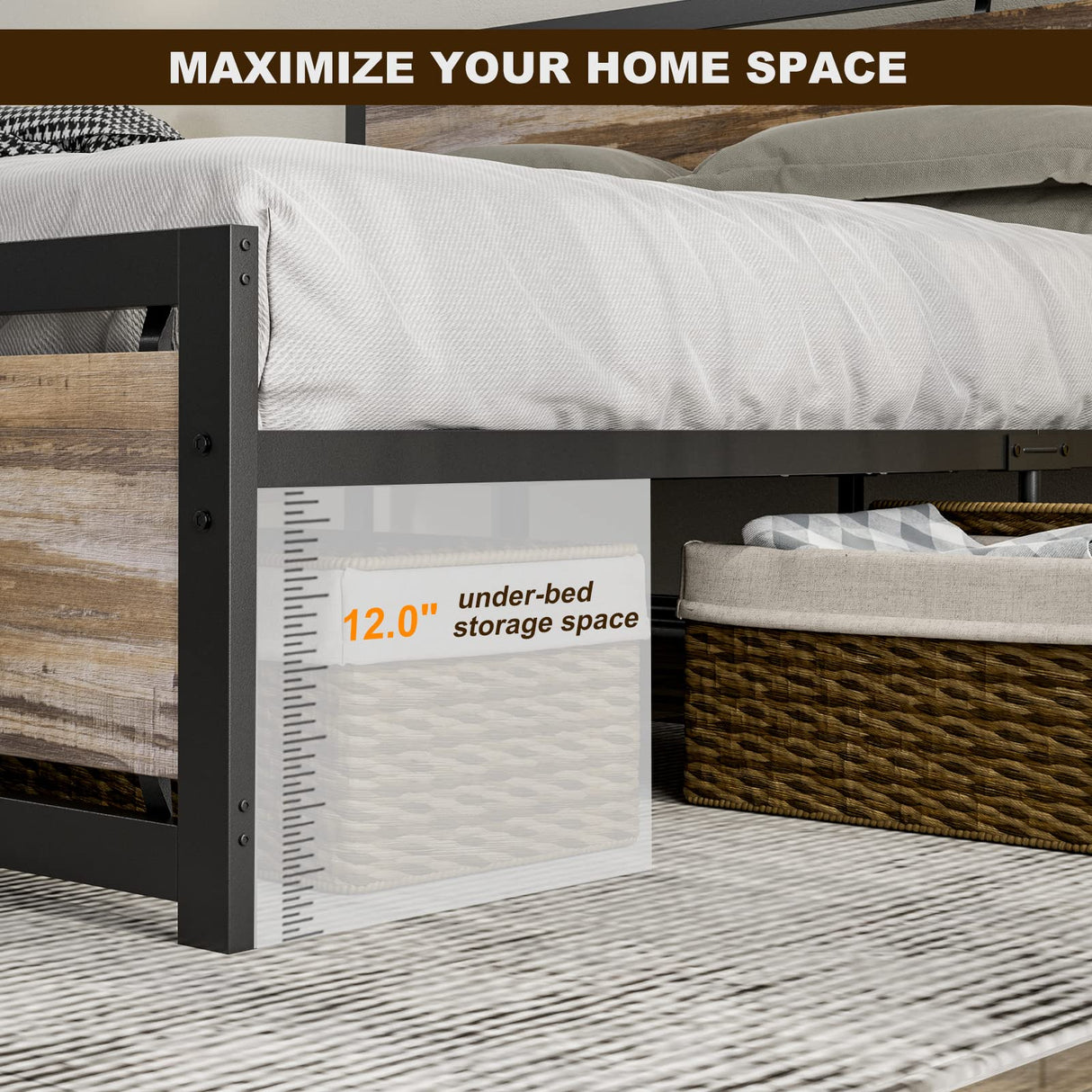 IKIFLY California King Size Industrial Metal Bed Frame with Wooden Headboard and Footboard IKIFLY