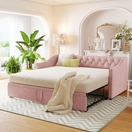 XD Designs Upholstered Daybed with Pop Up Trundle, Twin to King Size Velvet Upholstery Daybed Sofa Bed with Armrests for Bedroom Guest Room Living Room, Maximize Space (Pink-23) XD Designs