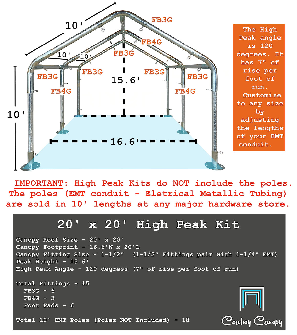 Carport Kit, 20' x 20' High Peak Canopy Fittings, DIY Metal Carport Frame Parts, 1-1/2" EMT Fittings Cowboy Canopy
