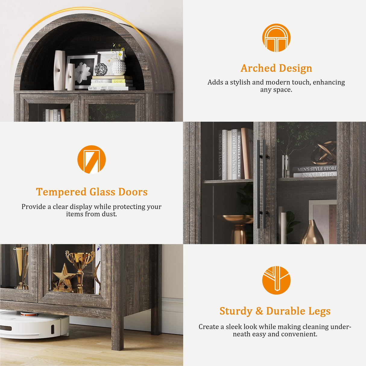 Dystler Arched Kitchen Pantry Cabinet with Glass Doors, Display Curio Case with 3 Color LED Lights for Collectibles, Modern 5-Tier Storage Hutch Cabinet Brown Dystler