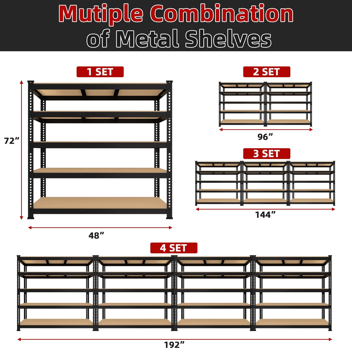 BuxWellBang 48" W x 18" D x 72" H Adjustable Garage Storage Shelves - 5-Shelf Heavy Duty Shelving Unit, Metal Utility Storage Organizer Racks for Warehouse Pantry Closet Kitchen, Black