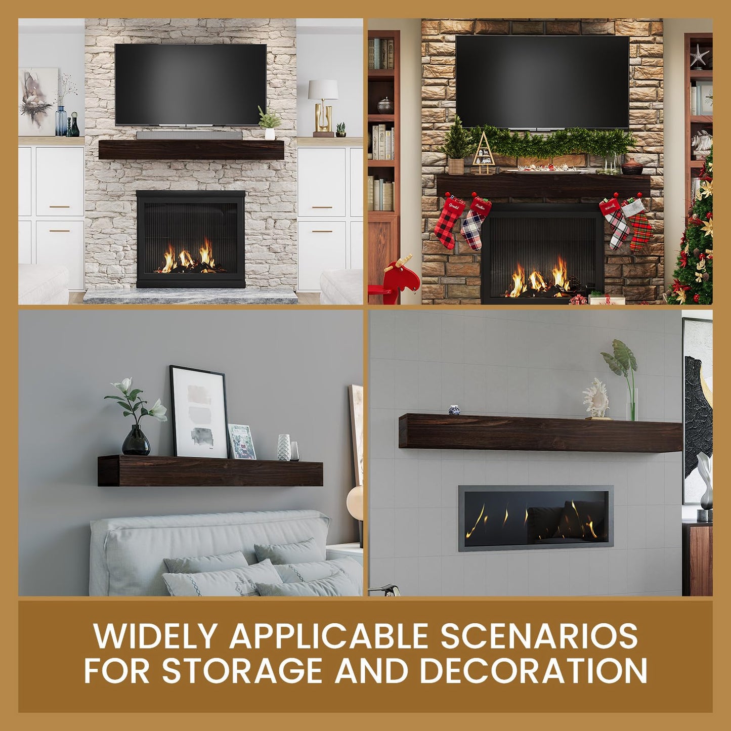 GOLDENPOLEY Fireplace Mantel 48 inches, Floating Fireplace Mantel Shelf for Electric Fireplaces - Rustic Finish with Textured Surface - Easy to Install,48''L x 6''H x 8''D, Dark Walnut