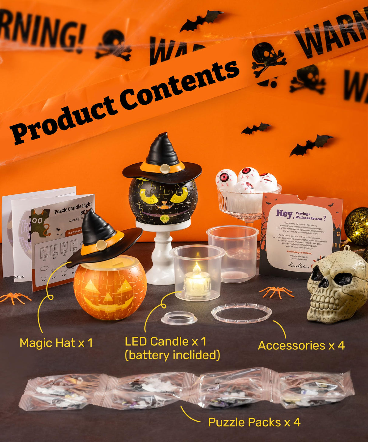 PieceRelax 3D Halloween Puzzle Candle Light - LED Jack O’ Lantern Decor with Flameless Tea Lights - Battery Operated Plastic Pumpkins for Indoor & Outdoor Spooky Decorations, Magic Cat [KL1075] PieceRelax