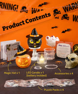 PieceRelax 3D Halloween Puzzle Candle Light - LED Jack O’ Lantern Decor with Flameless Tea Lights - Battery Operated Plastic Pumpkins for Indoor & Outdoor Spooky Decorations, Magic Cat [KL1075] PieceRelax