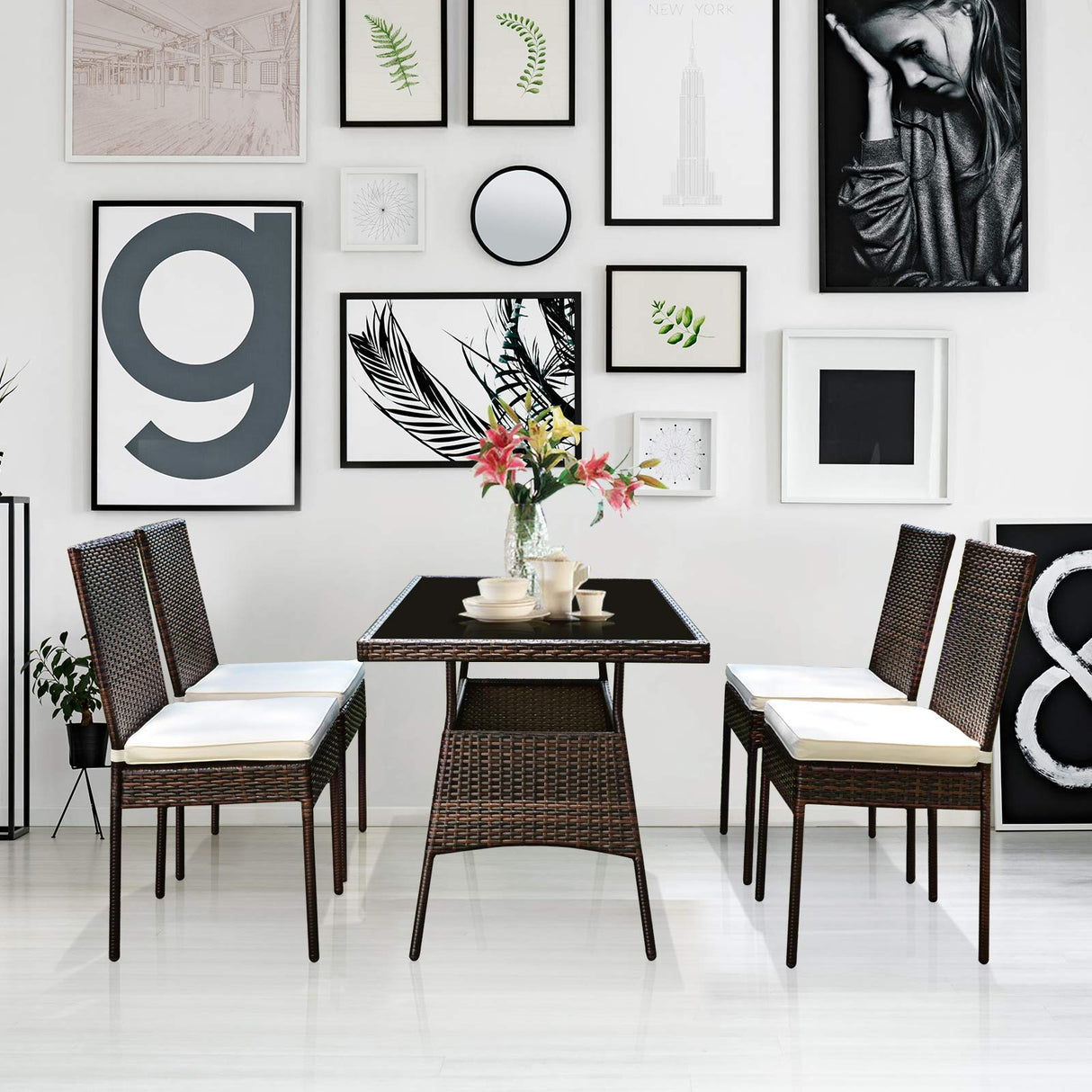 Tangkula 5 Piece Patio Wicker Dining Set, Outdoor Rattan Table and Chairs with w/Tempered Glass Table Top & Padded Cushions, Wicker Patio Conversation Furniture Set for Balcony Patio Garden Poolside Tangkula