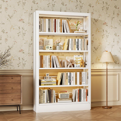 Metal Bookshelf, 5-Tier Bookcase with Adjustable Storage Shelf, 71" Tall Bookcases Heavy Duty bookcase with Bookends, Modern Bookshelf for Living Room, Library, Bedroom,Includes Book Stoppers-White CBCNWR