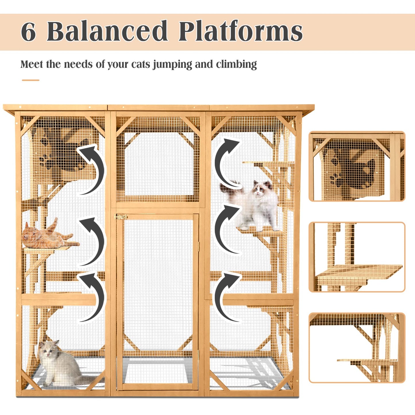 JOVNO Large Outdoor Cat House Catio Kitty Enclosure with Large Enter Door, Wooden Cat Cage Condo Indoor Playpen with 6 Platforms & Small House (Nature Wood) - WoodArtSupply