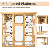 JOVNO Large Outdoor Cat House Catio Kitty Enclosure with Large Enter Door, Wooden Cat Cage Condo Indoor Playpen with 6 Platforms & Small House (Nature Wood) JOVNO