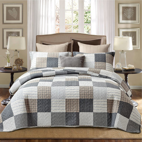 PANGUSHAN Twin Size Quilt Set, 100% Cotton Patchwork Plaid Quilt Bedding Set, Reversible Lightweight Comforter, 2 Pieces in Gray, Black, Tan, White, Cream PANGUSHAN