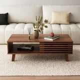 MAISONARIA Mid Century Coffee Table with Storage & Sliding Fence Door, Modern Coffee Tables for Living Room, Walnut Finish MAISONARIA