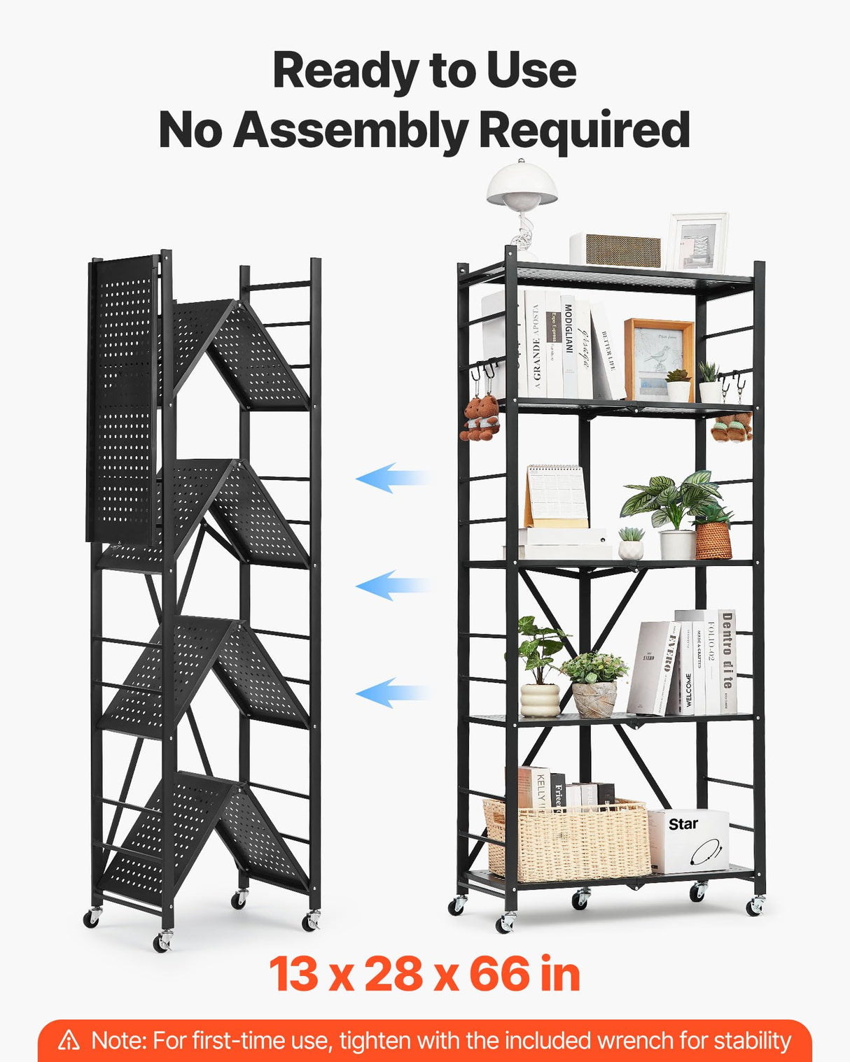 VEVOR 5-Tier Foldable Storage Shelf, 28W x 13D x 66H Inch Folding Metal Rack Shelving Unit, No Assembly Organizer Shelf with 5 Wheels & 4 Hooks for Pantry, Kitchen, Garage, Basement, Black VEVOR