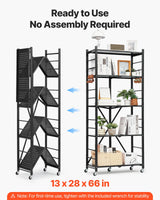 VEVOR 5-Tier Foldable Storage Shelf, 28W x 13D x 66H Inch Folding Metal Rack Shelving Unit, No Assembly Organizer Shelf with 5 Wheels & 4 Hooks for Pantry, Kitchen, Garage, Basement, Black VEVOR
